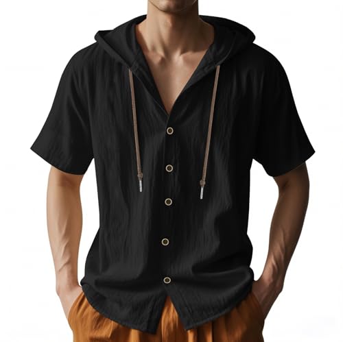 Men Linen Short Sleeve Button Down Shirt Summer Casual Hawaiian Beach Tops Lightweight Fashion Hoodies Black