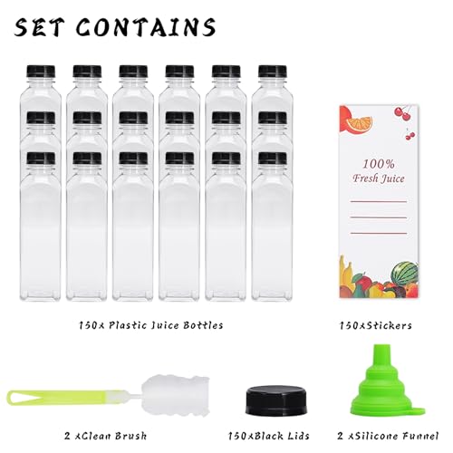 OBKJJ Plastic Juice Bottles 150 pcs 16 oz Empty Plastic Water Bottles with Caps Reusable Clear Beverage Containers for Drinking, Juicing, Smoothie, Water with 2 Brushes, 2 Funnels (16-OZ)