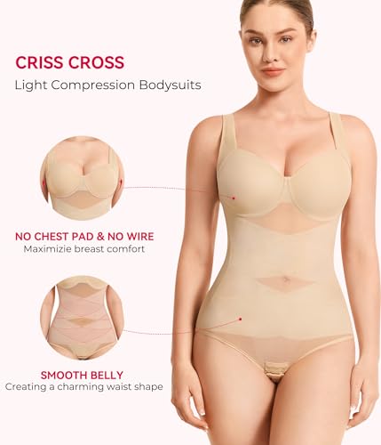 Gotoly Shapewear for Women Tummy Control Bodysuit Faja Body Shaper Waist Trainer V Neck Body Suit with Built in Bra(Beige,Medium)