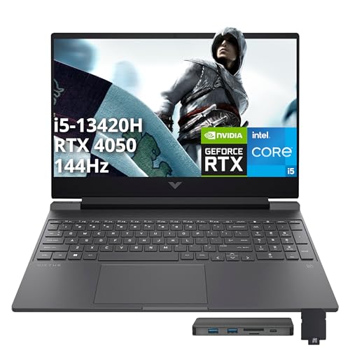Image of HP Victus 15.6 inch 144Hz FHD Gaming Laptop, Intel i5-13420H, 32GB RAM, 1TB PCIe SSD, GeForce RTX 4050, Backlit Keyboard, WiFi 6, Windows 11, Mica Silver, 1TB Docking Station Set