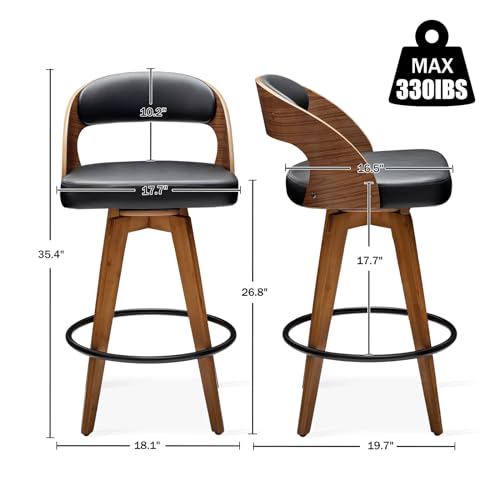 MEKLIBA Barstools Set of 2,Counter Height Bar Stools for Kitchen Island,26.8 Inch Modern Upholstered Bar Chair, Swivel Counter Stools with Wood Back and Bamboo Legs (Black-PU)