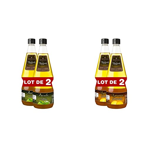 Maille Sauce Vinaigrette Basilic, Saveurs "faits maison" 1l - Lot de 2 & Sauce Vinaigrette Agrumes, Vinaigre de Vin Blanc, Jus de Citron, Mandarine et Zeste de Citron 1L - Lot de 2