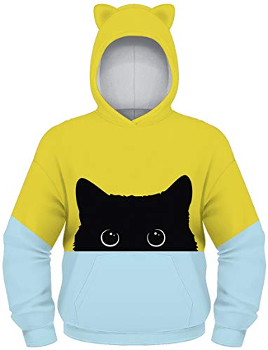 Ocean Plus Boy's Hoody with Cat Ears Long Sleeve with Digital Printing Kids Animal Print Sweatshirt Kitten Pullover (XS (Height: 115-120cm), Little Black cat)