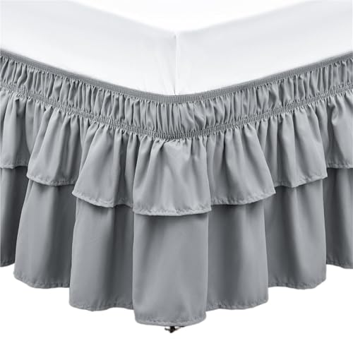 Cache-sommier à volants 140x190x40 cm gris clair élastique extra profond - 2