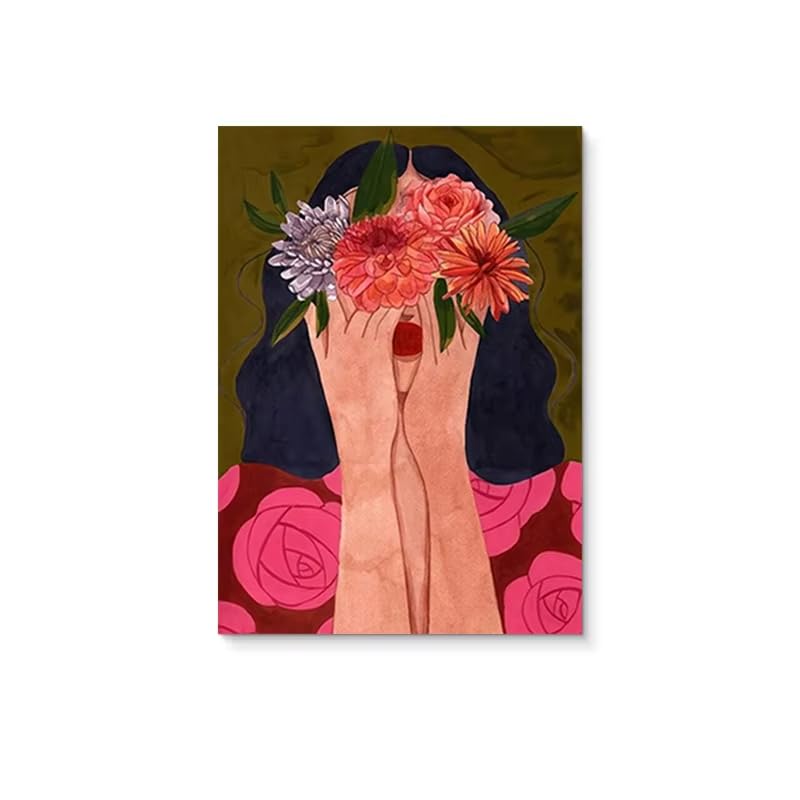 Tableau mural abstrait moderne Fille aux fleurs toile 80x120cm pour decoration interieure