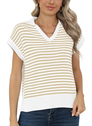 Image of Summer Sweater Vest for Women Knit Sleeveless Striped Johnny Collar Pullover Tank Tops V Neck Cap Sleeve Blouse