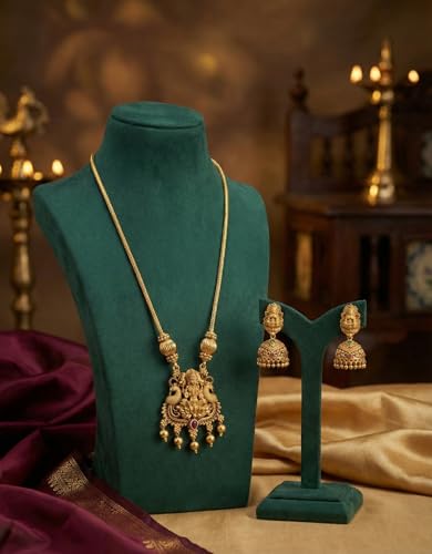 Image of Traditional Gold-Plated Lakshmi Temple Pendant Necklace Set for Women | Antique South Indian Jewelry with Jhumka Earrings | Ethnic Bridal, Wedding & Festive Jewelry Set