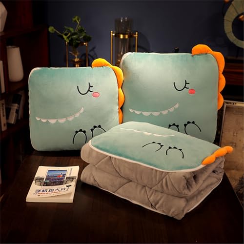 Surwin Couverture et Oreiller de Voyage 2 en 1, Impression de Animal Couvre-lit Convertible en Coussin, Courtepointe pour Sommeil en Voiture, Bureau et Avion (150x180cm,Dinosaure)