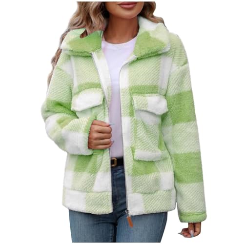 Generisch Chaquetas de forro polar para mujer otoño invierno cremallera completa abrigo a cuadros con bolsillo Primark Tienda online, Verde claro., L