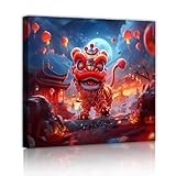 中国獅子舞キャンバスウォールアートオリエンタルフェスティバルシーンポスターリビングルームダイニングルームラウンジオフィス70x70cmインナーフレームの家の装飾を吊るす準備ができています