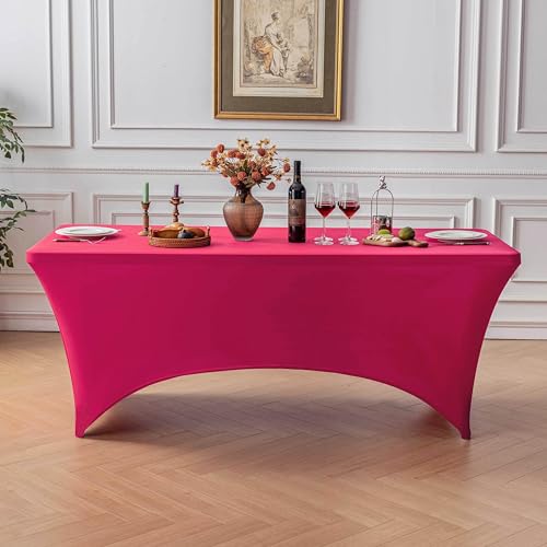 Image of FOLINS&HOME 2 Pack Fuchsia 6ft Fitted Spandex Water Resistant Tablecloth | Washable Elastic Rectangle Table Cover for 6 Foot Folding Tables, Stretch Table Cloth for Weddings, Banquets, Parties (2 Pcs)