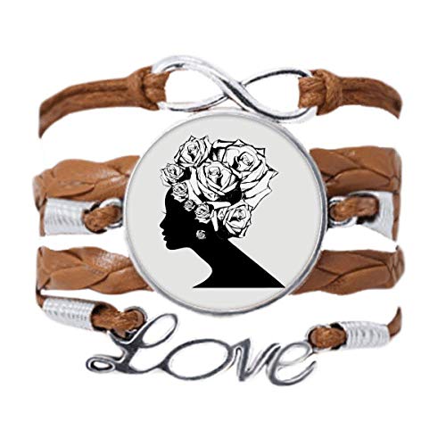 Bracelet fleur rose noir blanc en cuir tressé pour femme style bohème