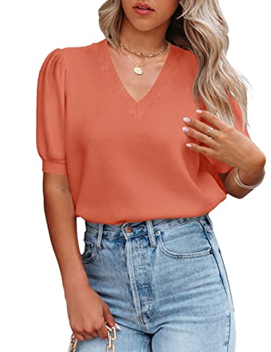 Image of Womens Puff Short Sleeve Sweater Tops Crewneck Basic Knit Pullover Lightweight Solid Casual Sweaters