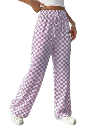 chouyatou Women's Checkered Wide Leg Business Casual Pants Plaid Drawstring Elastic Waist Palazzo Pants