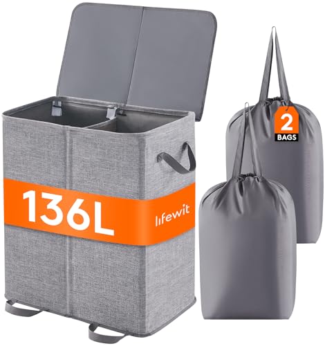 Lifewit Double Laundry Hamper with Lid and Removable Laundry Bags, Large Collapsible 2 Dividers Dirty Clothes Basket with Handles for Bedroom, Laundry Room, Closet, Bathroom, College, 136L Gray