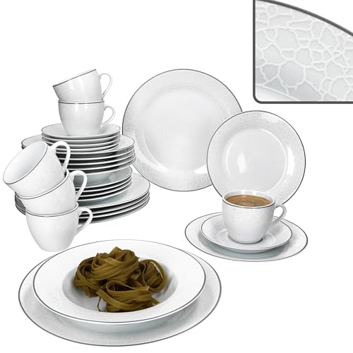 MamboCat Venedig Service combiné 30 pièces I Vaisselle en porcelaine blanche I 6 personnes I 6 tasses, soucoupes, assiettes à gâteau, soupe et assiettes plates I Relief aspect galets