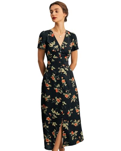 RIHOAS Women's Boho V Neck Floral Maxi Dress - Elegant Flowy Short Sleeve | Summer Beach Wedding Guest Homecoming Formal Vestido Black