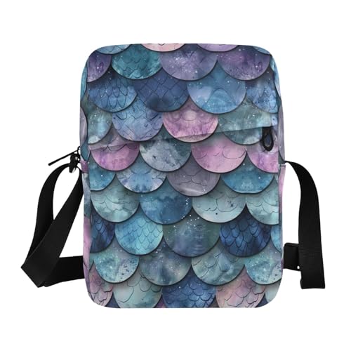 Crossbody Bag Blue Purple Mermaid Scale Messenger Bag for Women Men Purse Shoulder Bag Satchel Bag with Adjustable Strap 214B3367