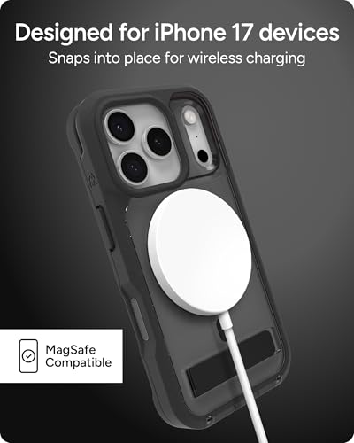 Image of ZAGG Rainier Case with Kickstand for iPhone 17 Pro - Smoke Black, Graphene 22ft (7m) Drop Protection, Lanyard Attach Points, MagSafe, Wireless Charging Compatible, 2-Piece Design, Phone Case