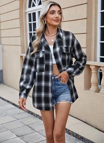 LEEDYA Womens Flannel Buffalo Plaid Shirts Long Sleeve Oversized Button Down Shacket Casual Jacket Coat with Pockets3