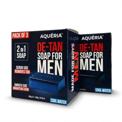 Image of Aqueria De-Tan & Brightening 2-in-1 Bath Soap for Men | Cool Water Fragrance | Scrub Side for Tan Removal & Gentle Exfoliation | Smooth Side for Skin Brightening & Hydration | Deep Cleansing Face & Body Soap For Fresh, Healthy-Looking Skin | 600g (Pack of 6) | Suitable For Daily Use - Lasts Upto 90 Washes.