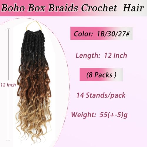 Boho Braids Extensions Hair with Curly Ends 8 Packs Crochet Braids Hair Extensions 12 Inch Goddess Braid Extensions Hair Crochet Hair Extensions for Black Women (1B/30/27#) - Image 2