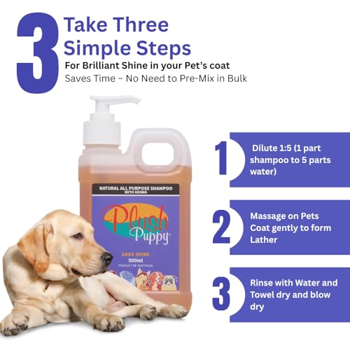Image of PLUSH PUPPY Shampoo for Cats and Dogs - Ideal for Short Coated Breeds, Enhances Shine, Maintains Skin Health, Paraben Free, No Artificial Fragrance, All Purpose Pet Shampoo with Henna (500 ml)