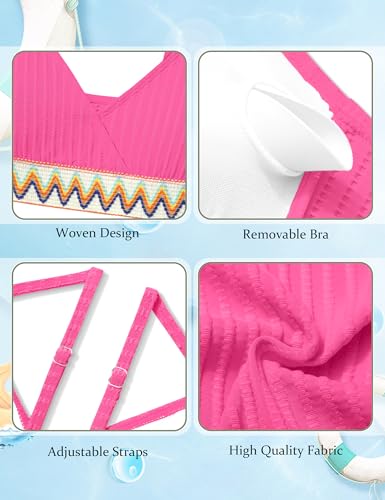 Image of DONWEN Girls Swimsuits V Neck Bikini Set Textured High Waist Girl Two Piece Bathing Suit