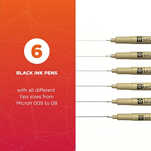 Sakura Pigma Micron Fineliner Pens - Archival Black Ink Pens - Pens For Writing, Drawing, Or Journaling - Assorted Point Sizes - 6 Pack #TOP1