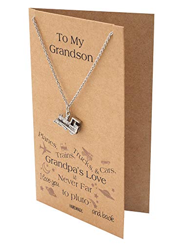 Quan Jewelry Steam Engine Train Necklace with Inspirational Message on Greeting Card, Birthday Gifts for Grandson in Silver Tone, Adjustable Chain 16" to 18"3