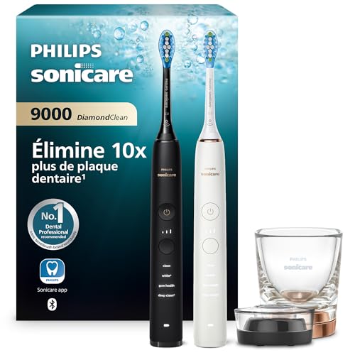Philips Sonicare DiamondClean 9000, Brosse à dents électrique sonique avec application, capteur de pression, 4 modes de brossage, 3 niveaux d'intensité, verre de charge, pack de 2, HX9914/57