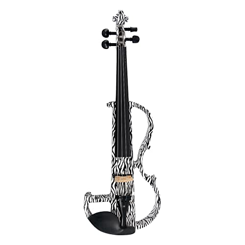 Image of Kinglos. Visual-Art Advanced Electric Violin 4 /4 Full Size Ebony Fittings | Kit Incl. Case Bow Shoulder Rest Aux Cable Spare Bridge Strings - Solid Wood White Zebra Silent Violin Set for Adult Beginner