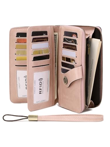 Image of Women's RFID Blocking Wallet Large Zip Around Leather Clutch with Wristlet | Large Capacity, 23 Card Slots, 2 ID Windows, Phone Holder, Soft PU Leather, RFID Secure, Coin Pocket, Checkbook Holder