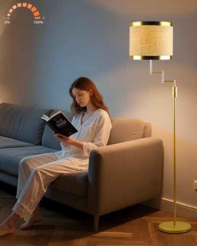 Image of Lightdot 70IN Gold Floor Lamp Dimmable Linen Shade LED Floor Lamps with 3000K for Wedding /Party,350 Degree Swing Arms, Modern Tall Lamp for for Reading, Sewing, and Craft (Bulbs Included)