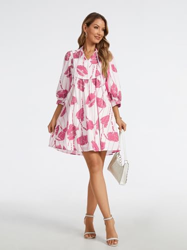 Image of EZAPINE Women Floral Babydoll Mini Dress V Neck 3 /4 Puff Sleeves A Line Flowy Swing Summer Sun Dresses