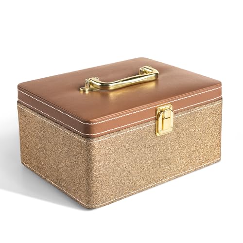 Makeup Box – Vanity Box for Women Bridal – Cosmetic Box Organiser, Durable, Stylish Finish for Home or Travel, Large Capacity Beauty Case for Brushes, Lipsticks & Skincare, Gold