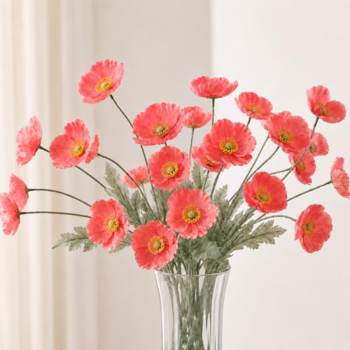Image of CURATED CART Artificial Flowers Bunch of 2 Poppy Red Flowers, 70cm Real Touch Fabric Flowers with Stems, 4 Blooming Heads, Fake Flowers for Home Decor, Party, Wedding, Party Decorations