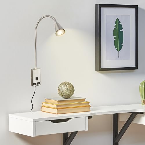 BRILONER - Lampka do czytania z portem USB, włącznik/wyłącznik, wychylna, wtyczka, kinkiet wewnętrzny, lampa ścienna, lampka do łóżka, lampka do czytania, lampka nocna, wysokość 50 cm, matowy nikiel