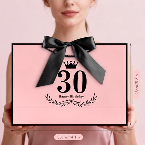 Image of JMANNI 30th Birthday Gift Bag, Pink with Black Satin Bow & Crown Design, Large Happy 30th Birthday Present Bag for Party Favors, Size 14.17 inchx9.84 inchx4.33 inch