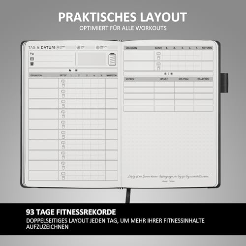 BIROYAL Trainingstagebuch PRO für Hochintensiv-Trainierende, Täglicher Platz für 12 Kraftübungen & 5 Cardio-Sessions, Undatierte Trainingsbuch A5, Ledereinband schweißfest, Workout Gym Buch für Gym