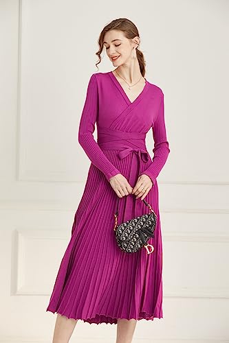 Image of RanRui Womens Winter Fall Pleated Knitted Fit and Flare Long Sleeve Sweater Dress