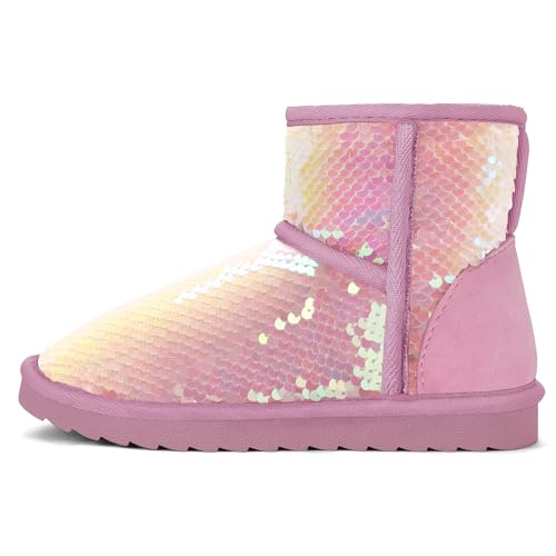 K KomForme Girls Winter Boots Sparkle Sequins Warm Snow Shoes Fur Lined Lightweight Comfy (Toddler/Little Kids/Big Kids)