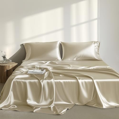Image of Madison Park Essentials Satin Sheets Twin Size Bed Set, 4 Piece, Champagne | Luxury and Smooth Silky Bedding with Natural Sheen, All Around Elastic 14 inch Pocket fits up to 16 inch Mattress, Year-Round Cozy