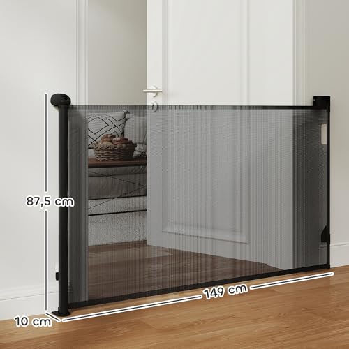 Miniatura 3 de Pawhut Barrera Para Perros Retráctil 0-125 Cm Puerta Para Perros Pequeños Extensible Barrera De Seguridad Para Mascotas Con Interruptor De Cierre Para Escaleras Puertas Pasillos Negro