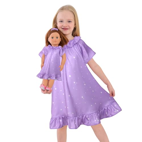 JESKIDS Matching Dolls and Girls Satin Nightgown Silk Nightdress Flutter Sleeve Pajama Clothes Purple Starry 12-13 Years