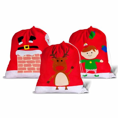 Image of Jumbo Fabric Santa Sack Large Gift Bag with Drawstring Extra Large Reusable Present Sack for Kids & Adults 70 x 50cm Assorted Designs (Santa, Reindeer, Elf)