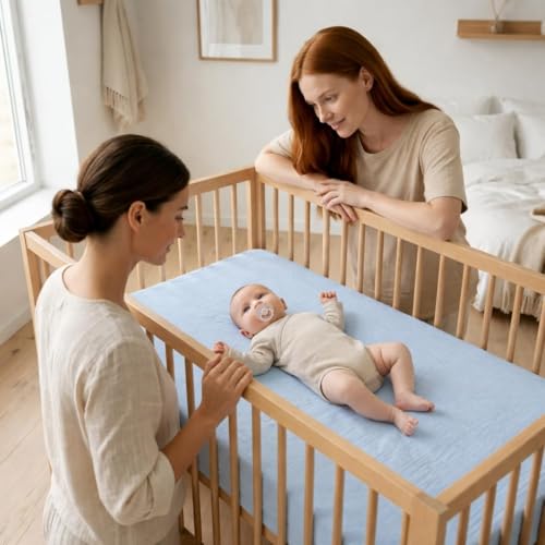 Image of Crib Sheets - Organic Cotton Muslin Fitted Crib Sheet - Standard Size for Baby Boys 28 inch x 52 inch Ultra-Soft and Breathable. 2-Pack(Baby Blue /Fog)