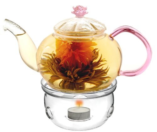 Glass Teapot with Tea Warmer Lead Free Special Glass No Drip by Tea Beyond (Pink+Glass warmer, 20 oz)