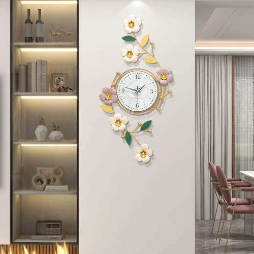 FLEBLE Large Wall Clock for Living Room Decor Modern 3D Metal Flower Decorative Wall Clock Silent Non-Ticking Luxury Decorative Floral Wall Art Clock for Home, Bedroom, Office 15.7x29.9inch