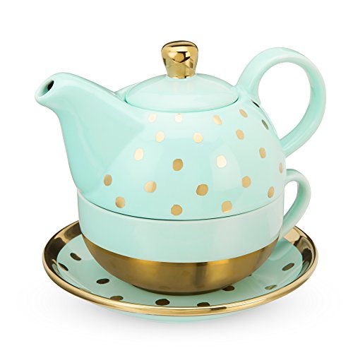 Pinky Up Addison Aqua Gold Dot Tea for One Sets, 12 oz teapot, 8 oz teacup